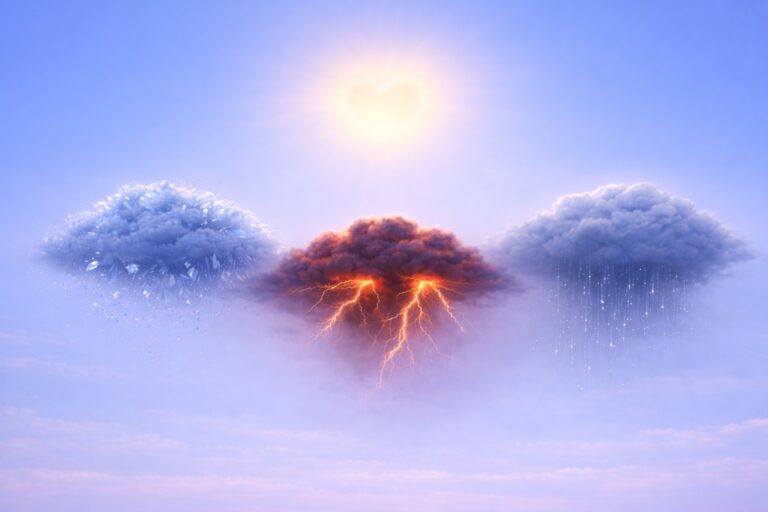 Ciel lumineux symbolisant la joie comme toile de fond, avec des nuages représentant la peur, la tristesse et la colère en mouvement